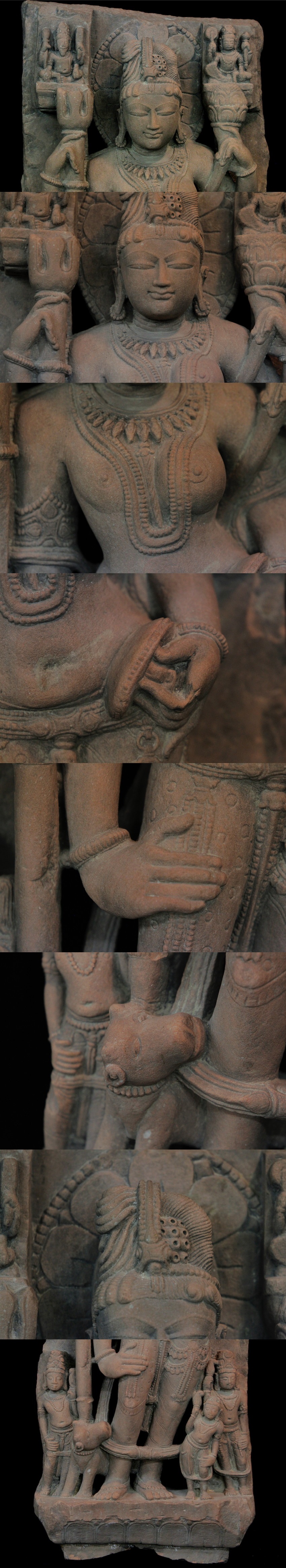 海外直送10～11世紀　チャンデラ様式　アルダナーリーシュヴァラ　シヴァとパールヴァティの合体神　赤砂岩石　仏像 仏像