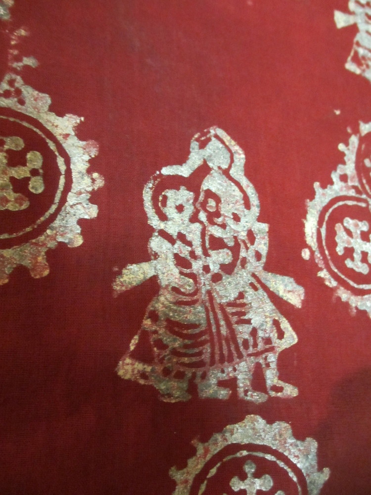 【買付品】インド 銀更紗 珍しい赤 19世紀中～後期 クリシュナとラダ 仏像