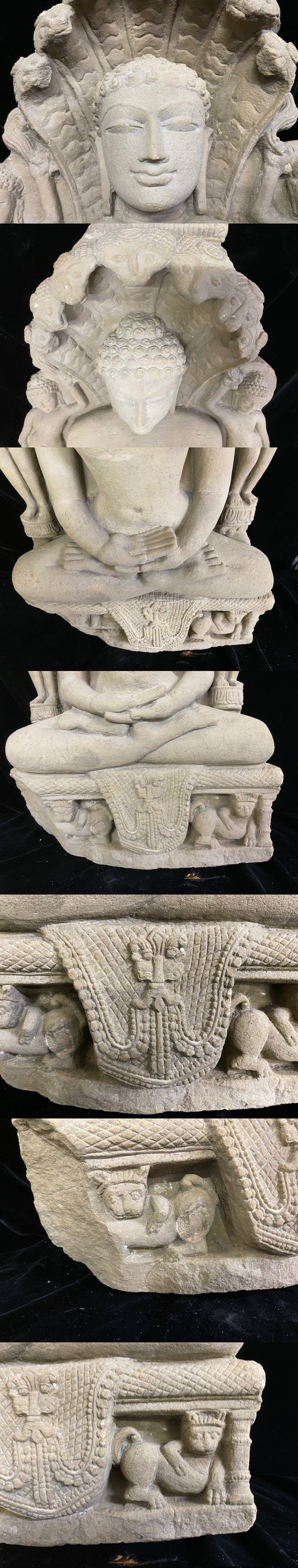 安い在庫7～8世紀　ポストグプタ様式　とても珍しいブッダナガの彫刻です　インド　砂岩石　ナーガ 仏像