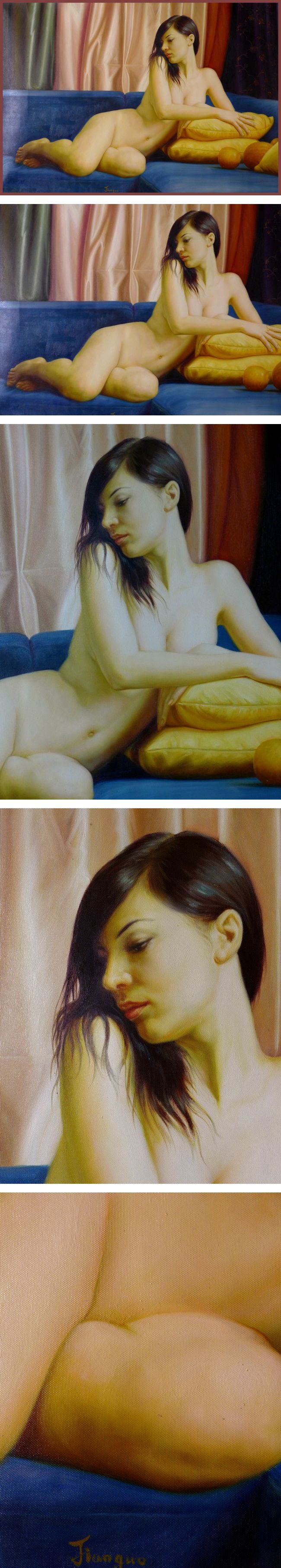 店舗安い油彩画　優美な曲線美　「ソファーに持たれる女」　　　　　　GG 人物画