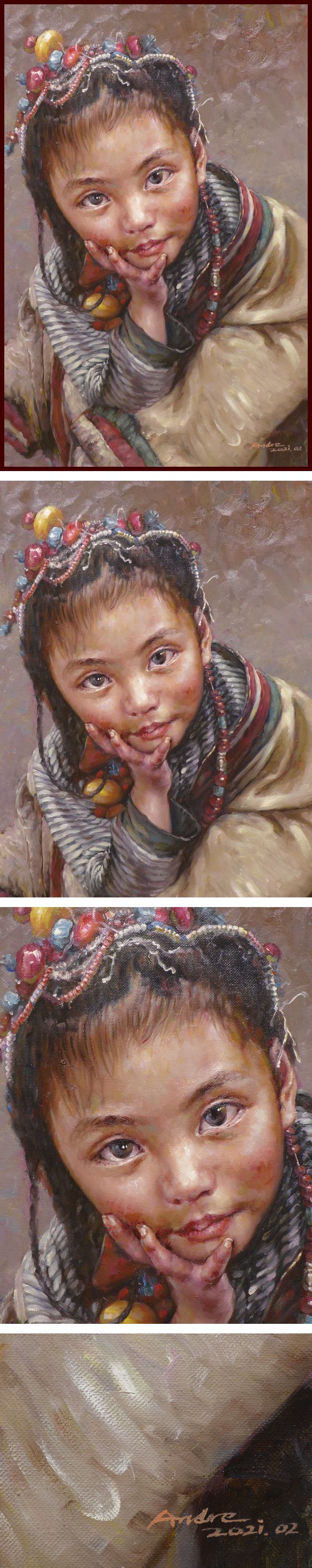 即納得価油彩画　無垢な笑顔　「チベットの少女」 人物画